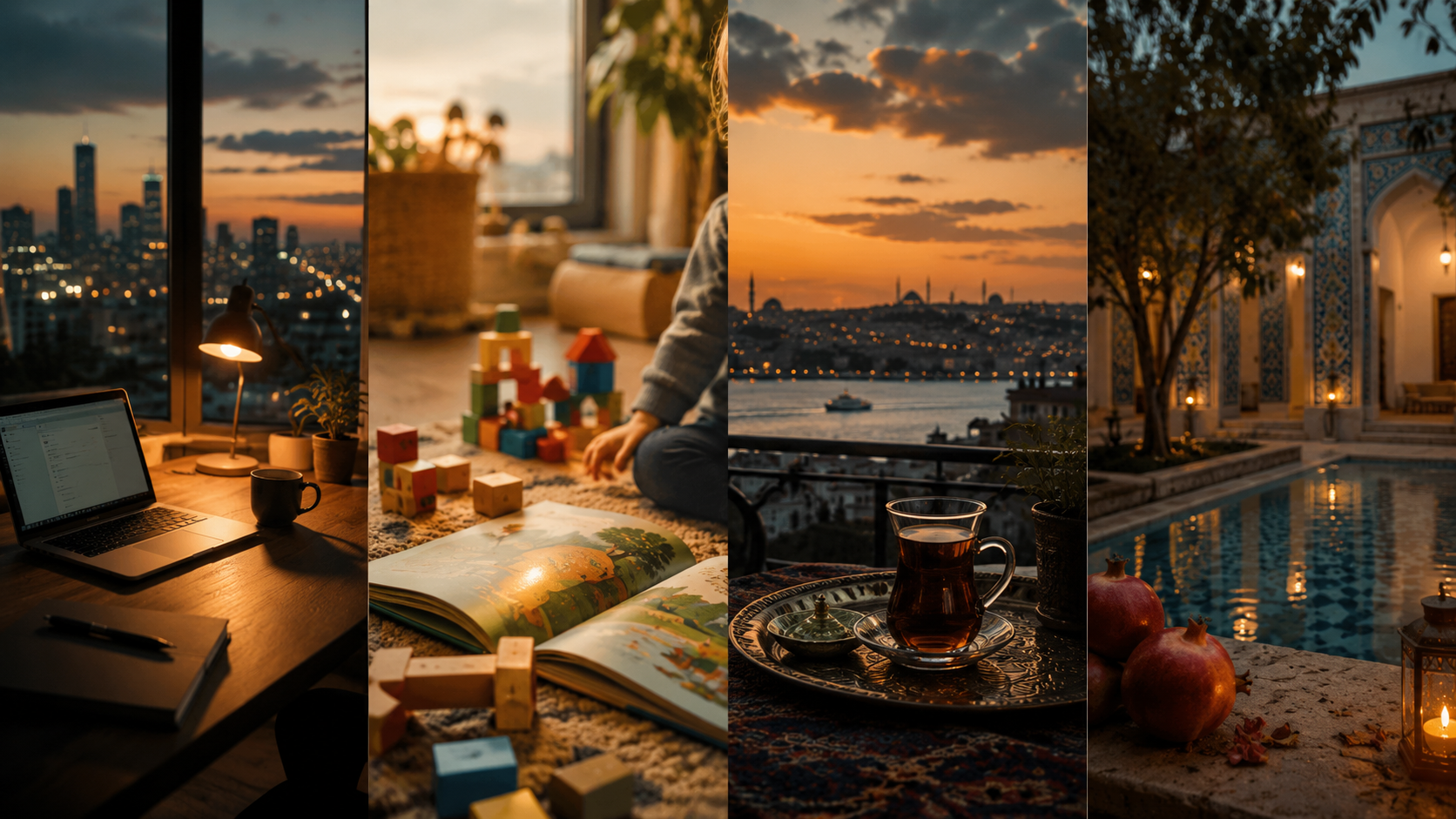 Four scenes representing English, Turkish, and Persian language learning